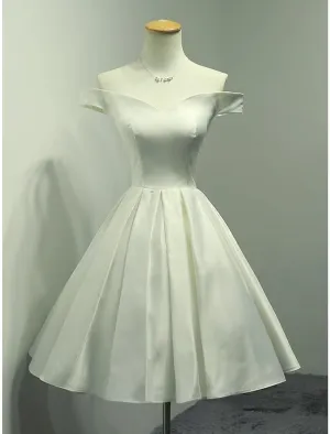 A-Line Minimalist Elegant Engagement Cocktail Party Dress Off Shoulder Sleeveless Knee Length Satin