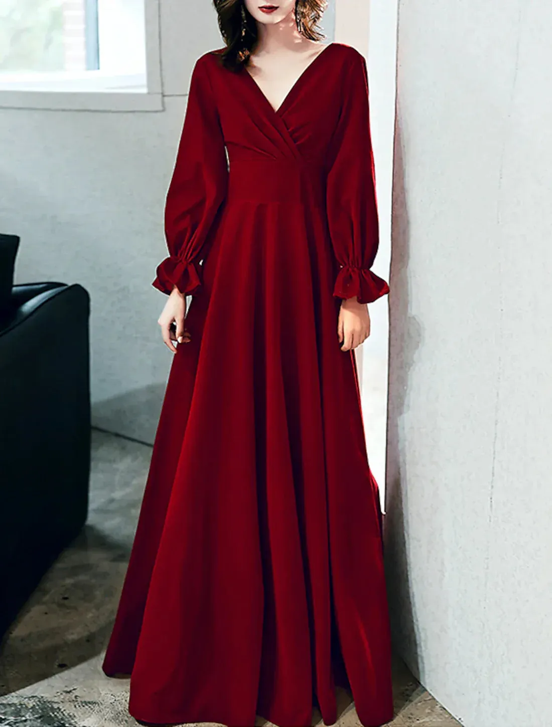 A-Line Minimalist Elegant Engagement Formal Evening Dress V Neck Long Sleeve Floor Length Velvet with Pleats Ruffles Party Dress