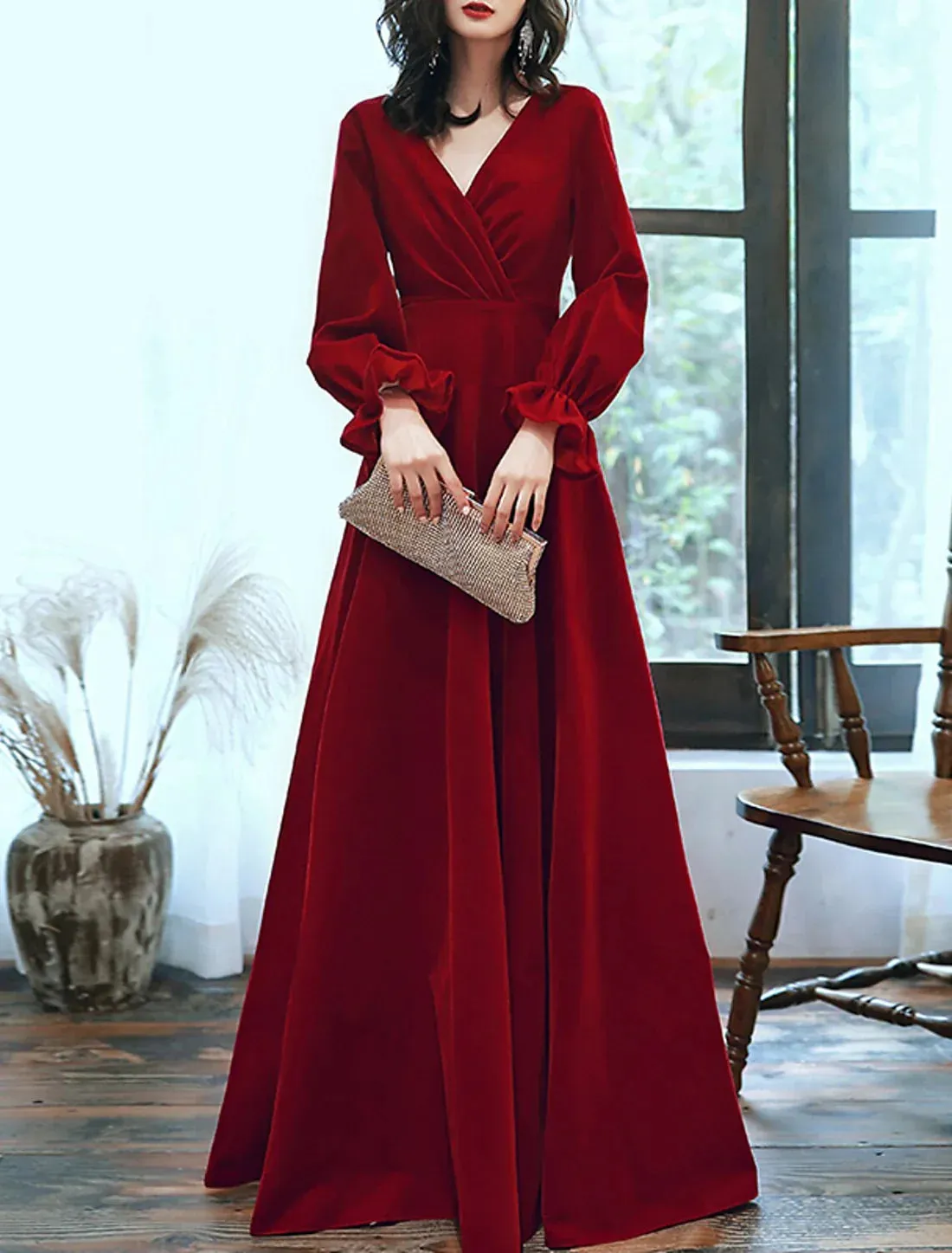 A-Line Minimalist Elegant Engagement Formal Evening Dress V Neck Long Sleeve Floor Length Velvet with Pleats Ruffles Party Dress