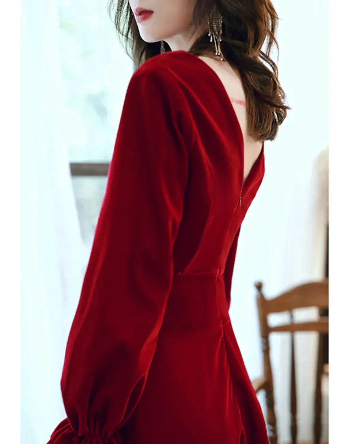 A-Line Minimalist Elegant Engagement Formal Evening Dress V Neck Long Sleeve Floor Length Velvet with Pleats Ruffles Party Dress