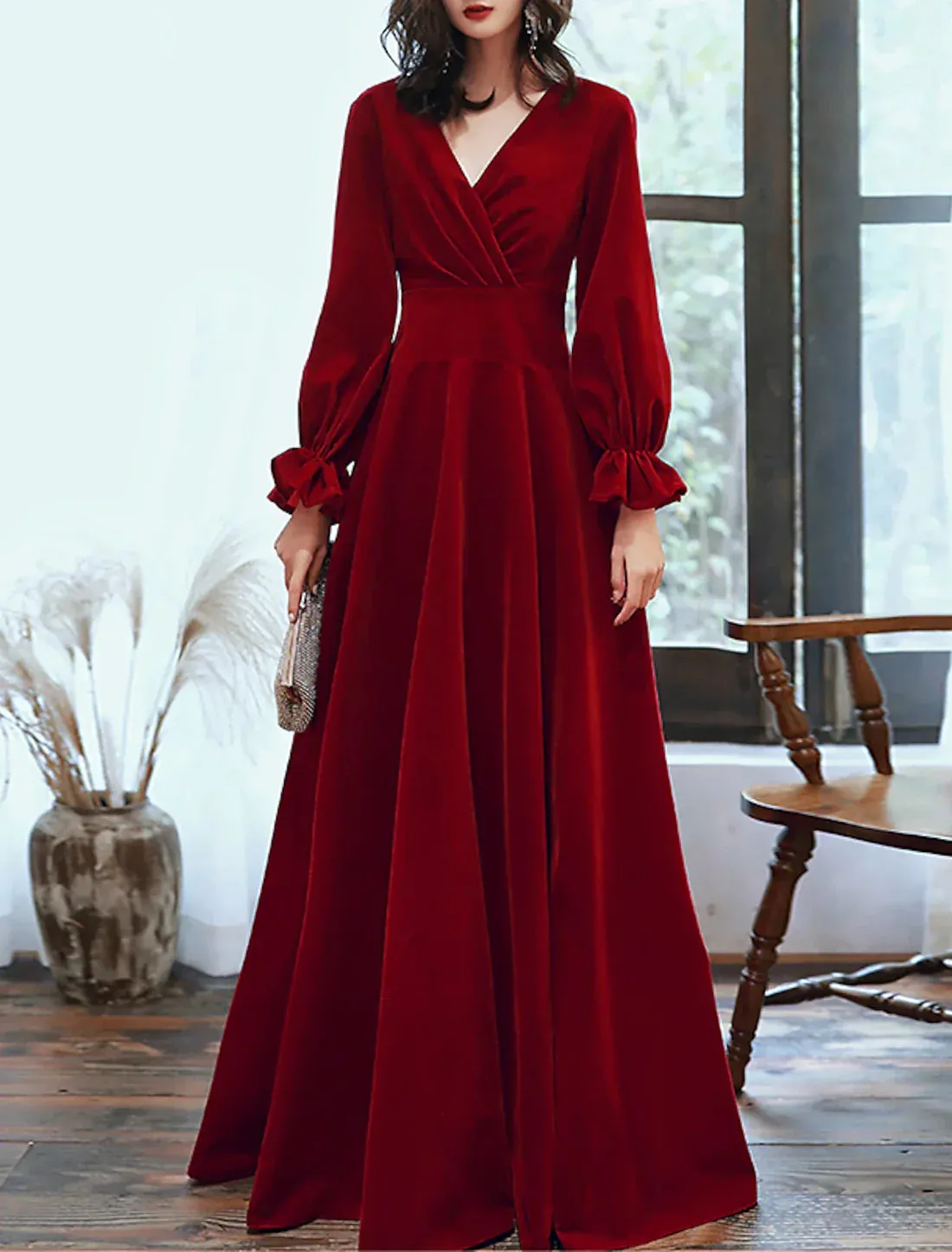 A-Line Minimalist Elegant Engagement Formal Evening Dress V Neck Long Sleeve Floor Length Velvet with Pleats Ruffles Party Dress
