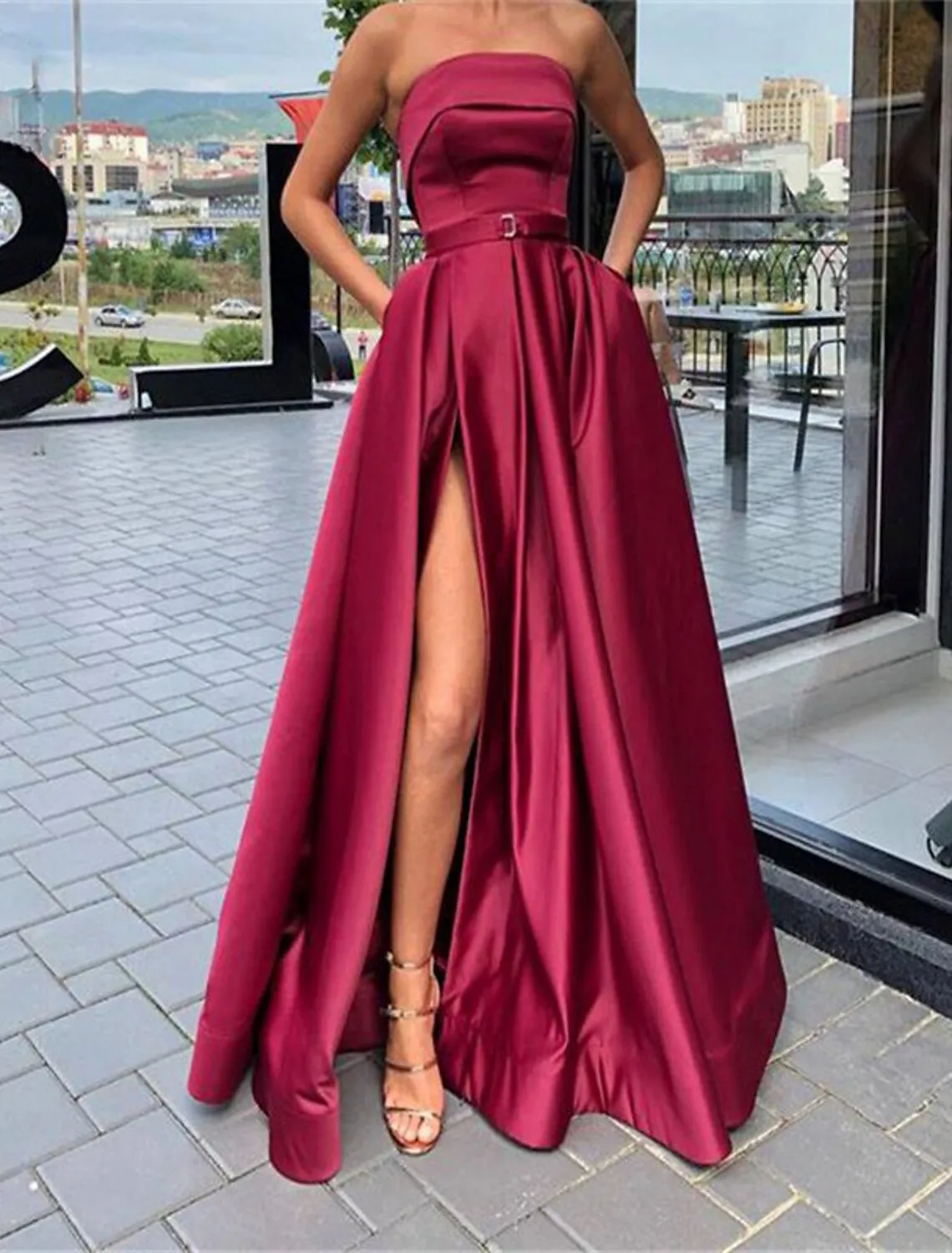 A-Line Prom Dresses Minimalist Dress Wedding Guest Floor Length Sleeveless Strapless Lace with Pleats Slit