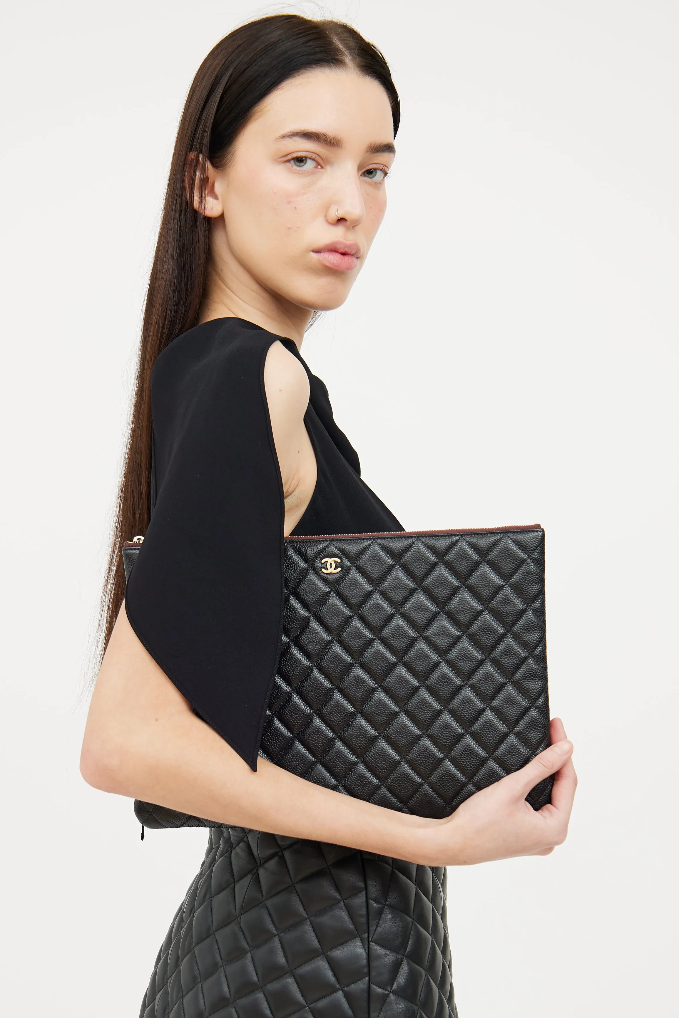 Black Quilted Caviar Large O Pouch