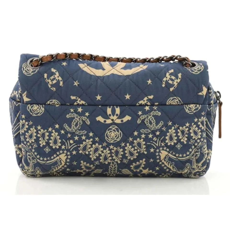 Chanel Paris-Dallas Bandana Medium Blue & Beige Quilted Classic Flap Canvas Bag