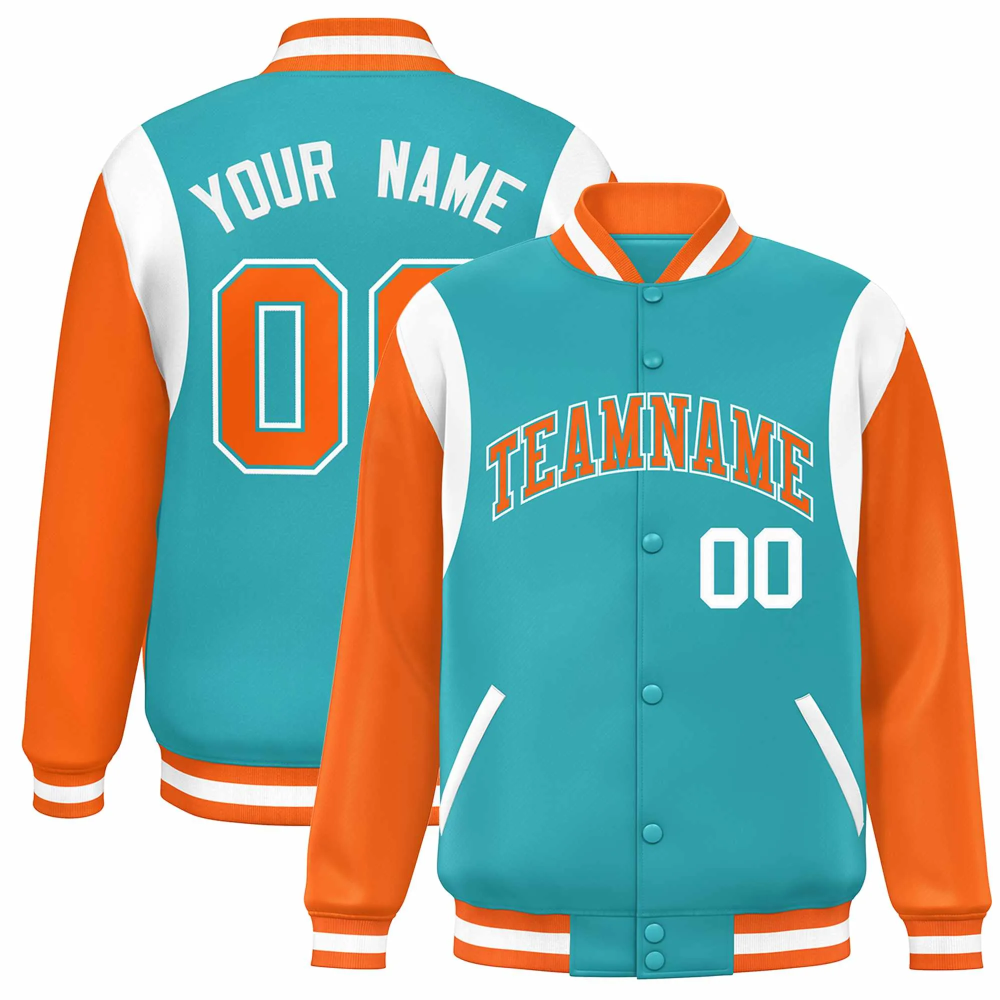 Custom Aqua Orange-White Color Block Bomber Varsity Full-Snap Baseball Jacket