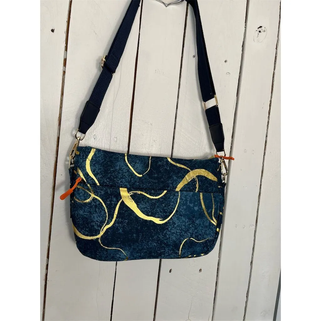 Lidia’s Bags Women's Abstract Golden Blue Shoulder Bag Quilted Lining (840-b88)