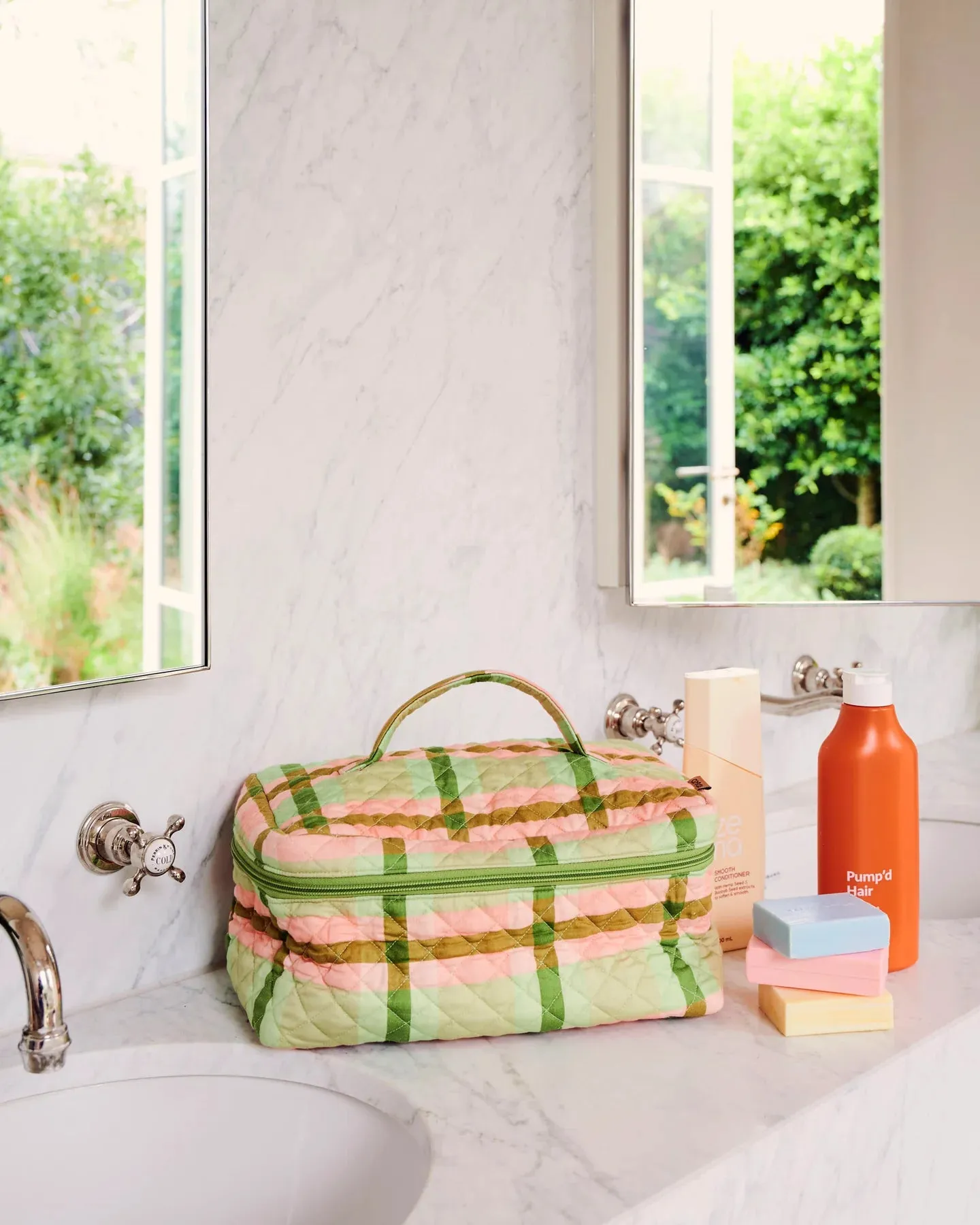 Pistachio Tartan Quilted Cotton Toiletry Case - Kip & Co.