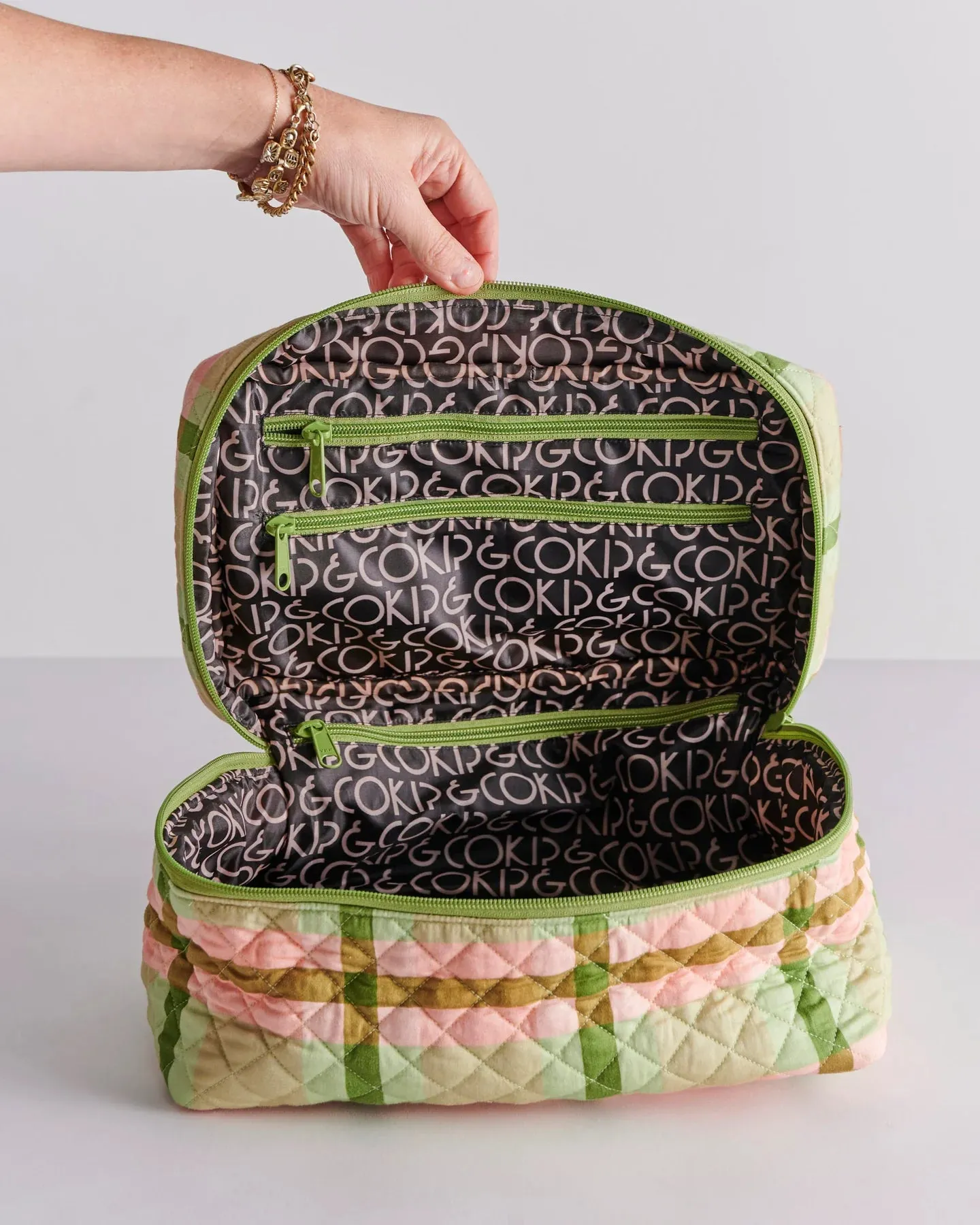 Pistachio Tartan Quilted Cotton Toiletry Case - Kip & Co.